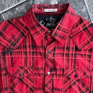 ROCK 47 Y2K Snap-Button Plaid Graphic Button-Up Shirt Streetwear Western Grunge